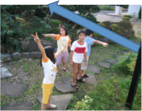 青い矢印とともに屋外で写る子供たち
