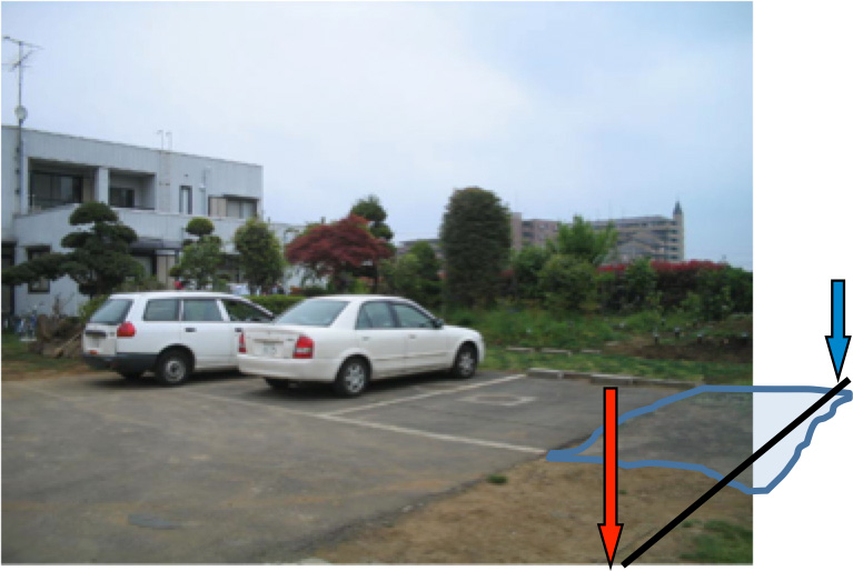 矢印が書き込まれた駐車場の敷地写真