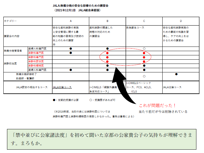 JALA無痛分娩関連の診療体制確認書の表