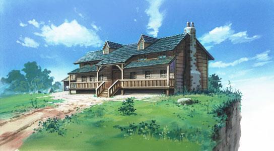緑の草原に建つ木造ログハウスのイラスト