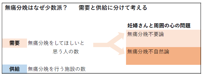 無痛分娩の需要と供給、妊婦の心理的要因を示す図