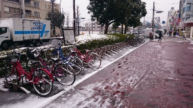 雪が積もった通りに並ぶ自転車
