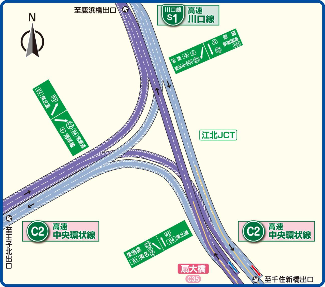 江北JCT付近、高速川口線との合流地点を示す地図(首都高ナビマップより)