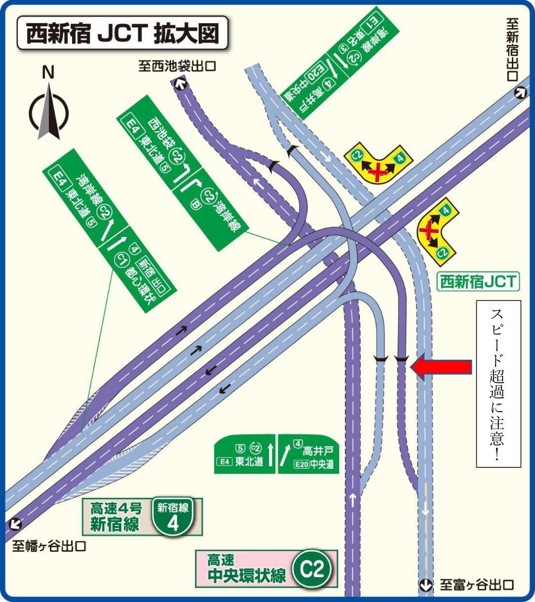 西新宿JCT拡大図(首都高ナビマップより、赤矢印とスピード超過注意の書き込みあり)