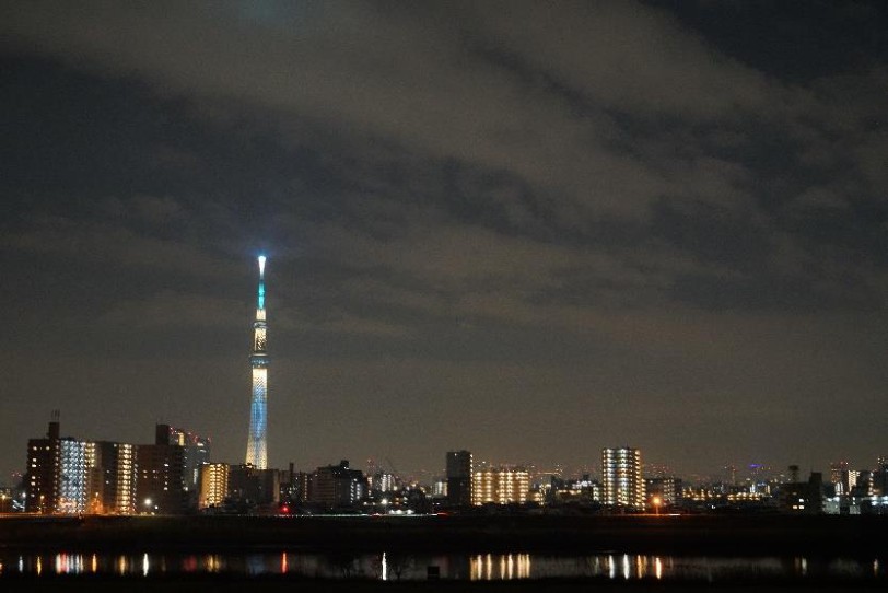 荒川越しに見える夜の東京スカイツリーの写真