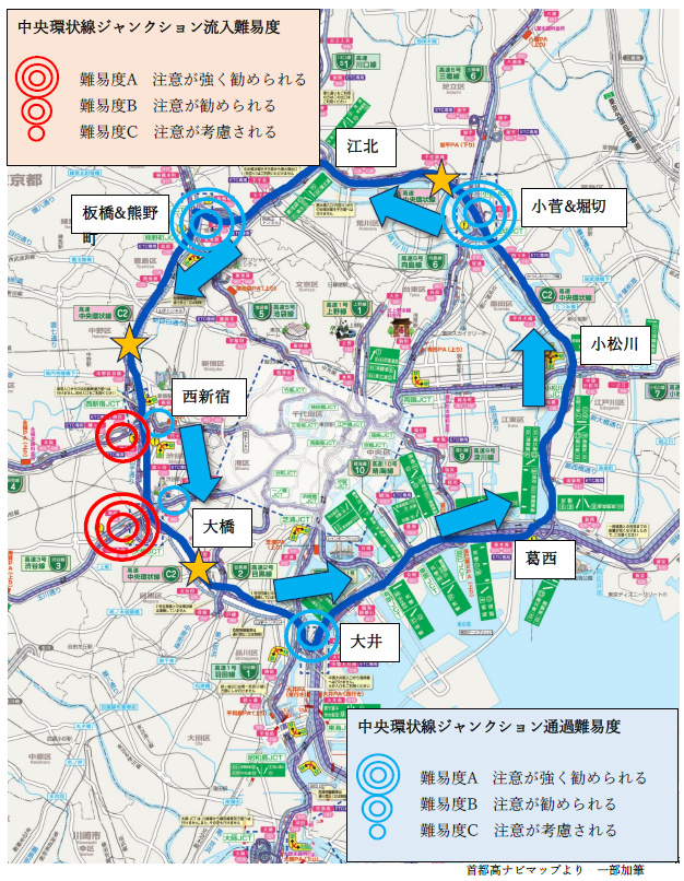 中央環状線ジャンクションの通過難易度を示す地図