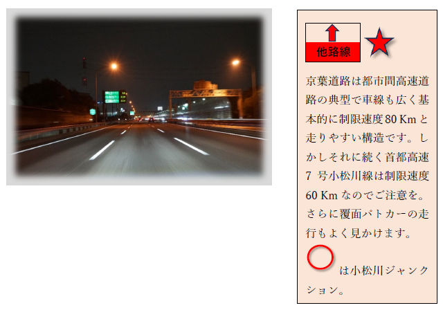 京葉道路の注意点を説明する夜間の高速道路写真と文章