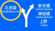 「北池袋・新京橋・神田橋・上野」方面を示す高速道路標識