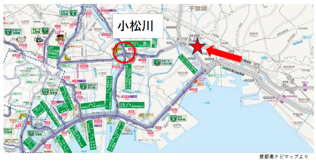 小松川ジャンクション周辺のルートを示す地図