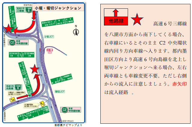 小菅・堀切ジャンクションの進入経路を示す地図