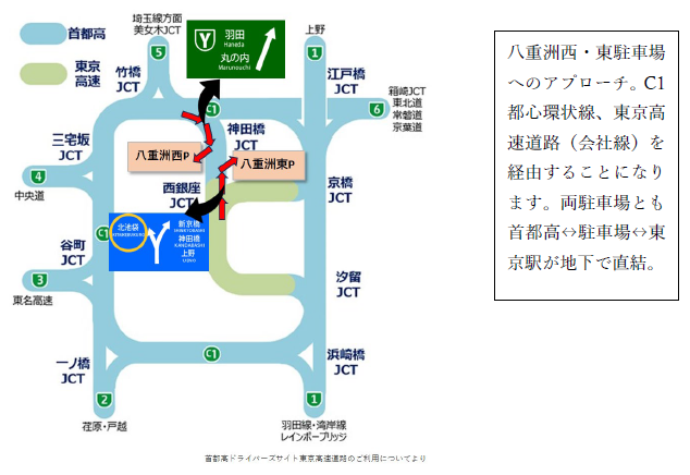 八重洲西・東駐車場へのアプローチを示す地図と説明文