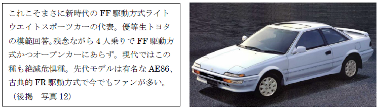 FF駆動方式についての説明文と白いスポーツカーの写真