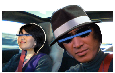 サングラスと帽子をかぶった2人が車内で写る写真