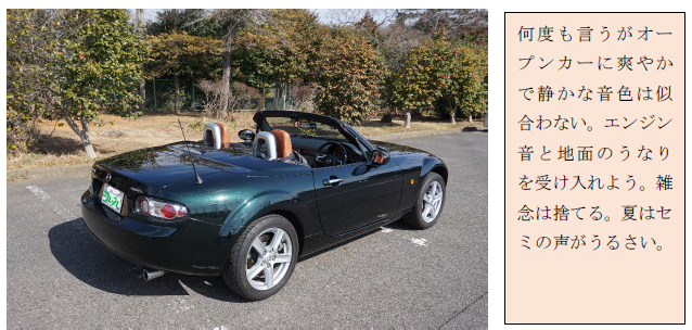 緑色のオープンカーの写真と音質についての説明文
