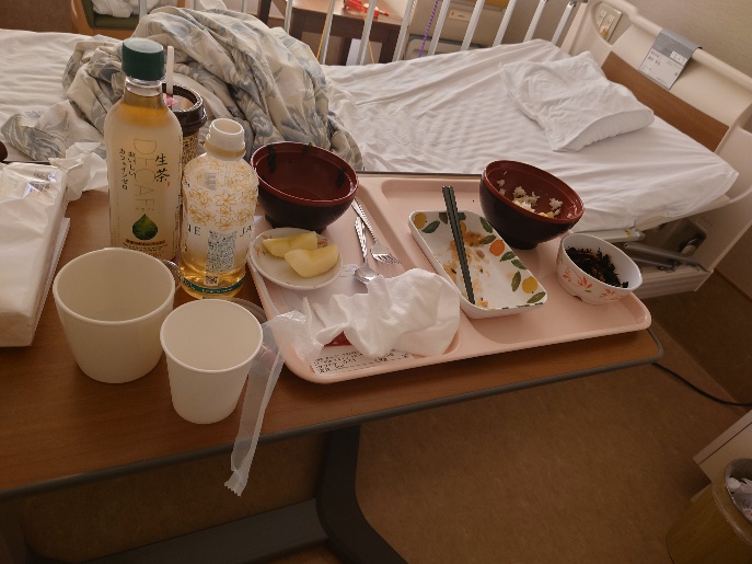 食べ終えた食器が並ぶ食事トレーの写真
