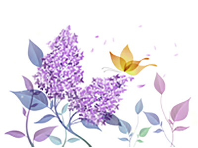 紫のライラックの花と黄色い蝶のイラスト